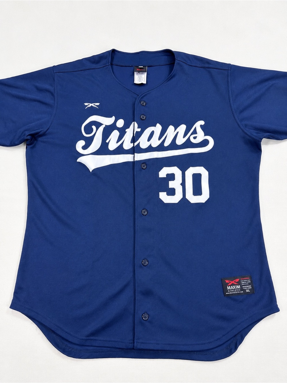 Maxima Blue Titans Button-Up Baseball Jersey with White Script